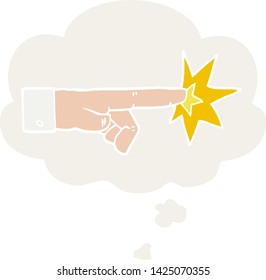 cartoon pointing hand with thought bubble in retro style