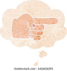 caricatura apuntando con la mano a la burbuja del pensamiento en un estilo retro angustiado y texturado