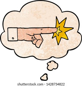 cartoon pointing hand with thought bubble in grunge texture style