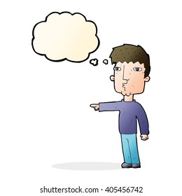 caricatura apuntando a un hombre con burbuja de pensamiento