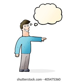 caricatura apuntando a un hombre con burbuja de pensamiento