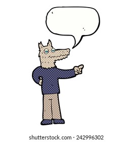 cartoon pointing wolf man with speech bubble