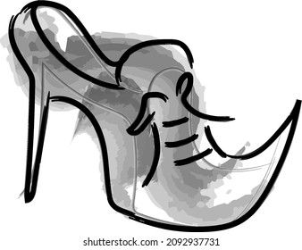 cartoon of pointy witches shoes. Line drawing of pointy lace up high heel boot. witchy wear.