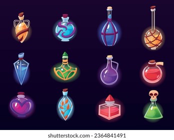 Cartoon poison bottles. Potion vial, liquid magic glass jar. Wizard or witch equipment, halloween glow potions. Magical alchemy nowaday vector set of magic potion illustration