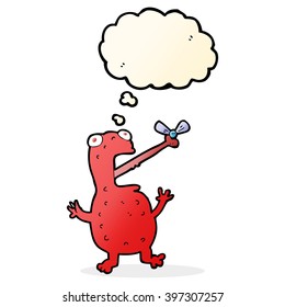 cartoon poisonous frog catching fly with thought bubble