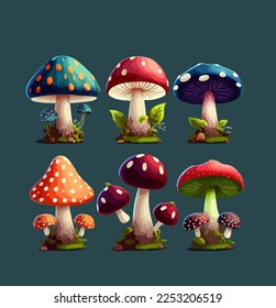 Cartoon poisonous mushrooms. Vector illustration, print for background, print on fabric, paper, wallpaper, packaging.	