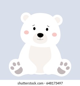 Cartoon Polar Animal, Cute White Bear On Blue Backgrounds. Flat Design. Vector Illustration.
