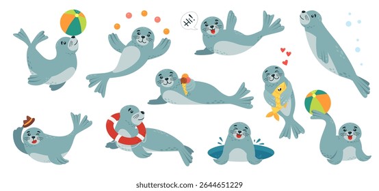 Cartoon polar baby seal. Funny seals play with ball, eat ice cream, hug fish. Underwater arctic animal, cute mammals. Children mascots, classy vector set