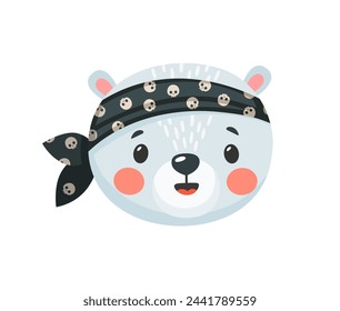 Cartoon polar bear animal pirate and corsair character. Sailor and captain wearing playful bandana. Isolated vector skipper and boatswain with smile and cute eyes, radiating lovable spirit on icy seas