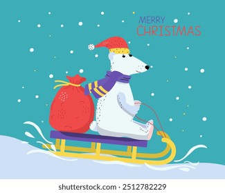 Cartoon polar bear with a bag riding on a sled. Bag with gifts. Arctic animal in Santa's hat. Merry Christmas, hand lettering, signed postcard. Winter illustration, snow, snowflakes.