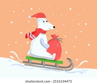 Cartoon polar bear with a bag riding on a sled. Bag with gifts. Arctic animal in Santa's hat. Merry Christmas, hand lettering, signed postcard. Winter illustration, snow, snowflakes.