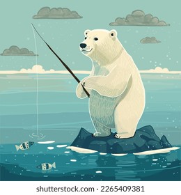 Cartoon-Polar-Bär fängt Fische auf Eis im Meer auf Angelstange.  Polarbärentag. Perfekte Inhalte für Bildschirmhintergründe, Postkarten, Poster, Servietten und andere kreative Projekte. 