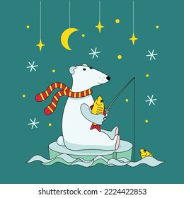 Cartoon polar bear catching fish. A polar bear sits on an ice floe with a fishing rod and holds the fish. Christmas, postcard, Polar Bear Day. Vector illustration with isolated background.
