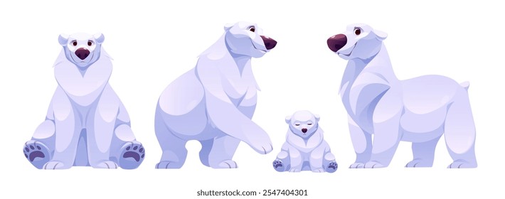 Cartoon polar bear characters in different poses - sitting and standing, adult and cub arctic animal. White mammal for game design or children book illustrations. Funny winter tundra mascot.