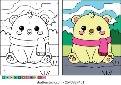 Desenho animado Urso Polar Cor por Número Atividade, Ilustração de animal bonito com cachecol, Página de Coloração para Crianças com Chave de Cor, Tema de inverno.