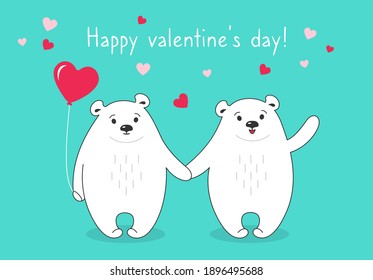 Cartoon polar bear couple with hearts air balloons, background Happy valentines Day greeting card. doodle style drawing. Romantic banner with cute bears. Design for print, about love vector illustration