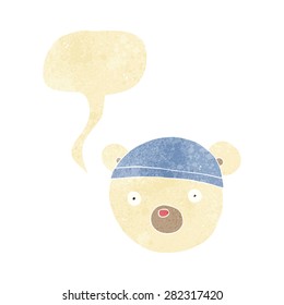 cartoon polar bear cub wearing hat with speech bubble
