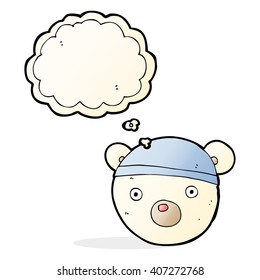 cartoon polar bear cub wearing hat with thought bubble