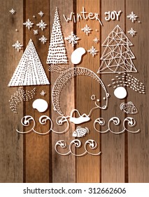 cartoon polar bear fishing salmon over wood background for different kind of design, Vector