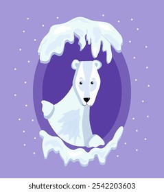 Cartoon polar bear, frame. Arctic animal, ice. International Polar Bear Day, card. Snow, winter, icicles.