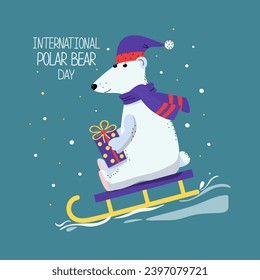 Cartoon polar bear with a gift in a box sits on a sled. Arctic animal. International Polar Bear Day, signed postcard. Hand lettering. Vector illustration with isolated background.