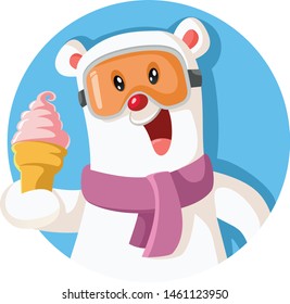 Cartoon Polar Bear Holding Delicious Ice Cream. Adorable animal mascot with sweet desert logo
