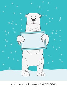 cartoon polar bear holding ice frame on winter snowflakes background. vector