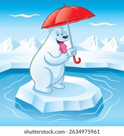 Cartoon of a polar bear holding a red umbrella and licking a frozen fruit ice pop while standing on top of an ice floe in water with snow covered mountains in the background.