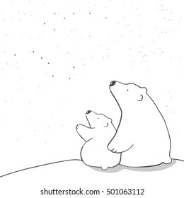 cartoon polar bear mom and baby watching stars. outline children's vector illustration. animal family. card design for new year or mother's day