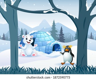 Caricatura de un oso polar y pingüino cerca de la casa del iglú