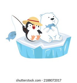 Cartoon polar bear with penguin sit on ice floe