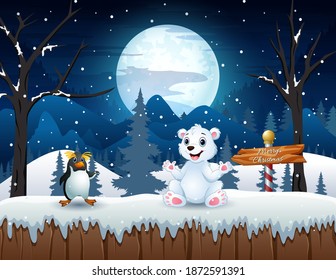 Cartoon a polar bear and penguin in the snow field illustration