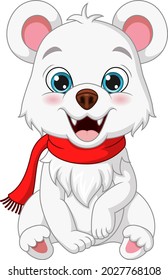 Cartoon polar bear in scarf sitting