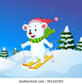Cartoon polar bear skiing down a mountain slope