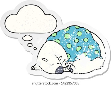 cartoon polar bear sleeping with thought bubble as a distressed worn sticker