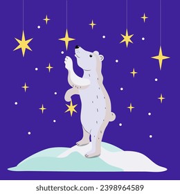 Cartoon Polar bear with stars. Starry sky. Northern animal, cartoon. Arctic climate. Ice, frost, snow. Vector illustration. 