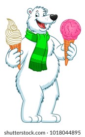 Cartoon polar bear with two ice creams. 