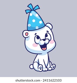 Cartoon polar bear wearing birthday party hat