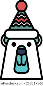 Um urso polar de desenho animado usando um chapéu e sorrindo. O chapéu é vermelho e azul