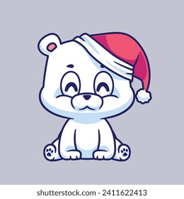 Cartoon polar bear wearing santa claus hat