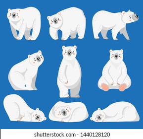 Cartoon polar bear. White bears, arctic wild animal and snow bear. Snow polar character, endangered north bears. Isolated vector illustration icons set