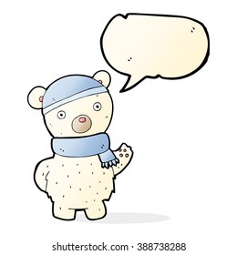 cartoon polar bear in winter hat and scarf with speech bubble
