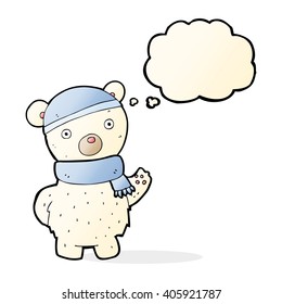 cartoon polar bear in winter hat and scarf with thought bubble
