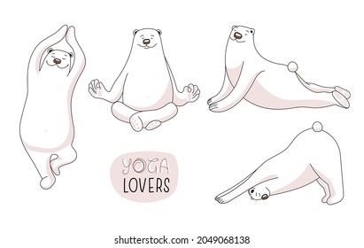 Cartoon polar bears doing yoga. Cartoon animal characters yoga poses set. Cute vector illustration.