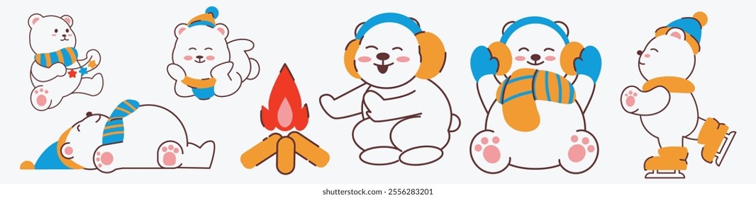 Cartoon polar bears are shown in various poses