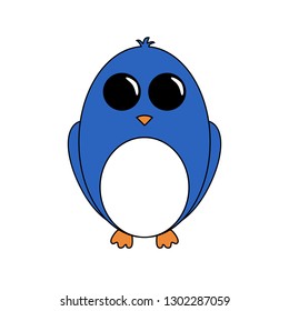 Cartoon polar cute blue penguin on white background. Big black eyes, folded wings, small beak, plump. Vector illustaration