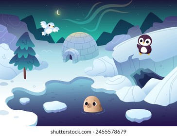 Cartoon polar night landscape with cute baby animals. Antarctic vector background with funny animals.