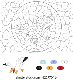 Cartoon polar seagull. Color by number educational game for kids. Illustration for schoolchild and preschool