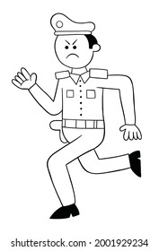 Cartoon police angry and running, vector illustration. Black outlined and white colored.