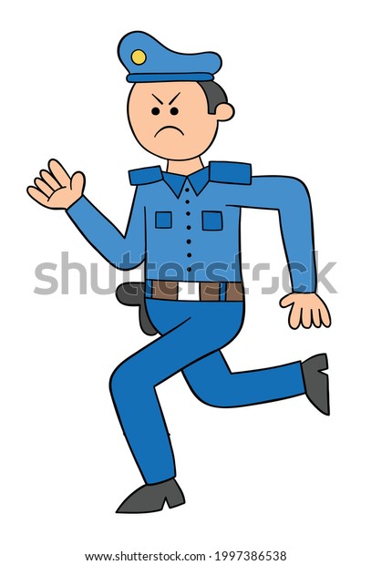 Cartoon police angry and running, vector\
illustration. Colored and black\
outlines.